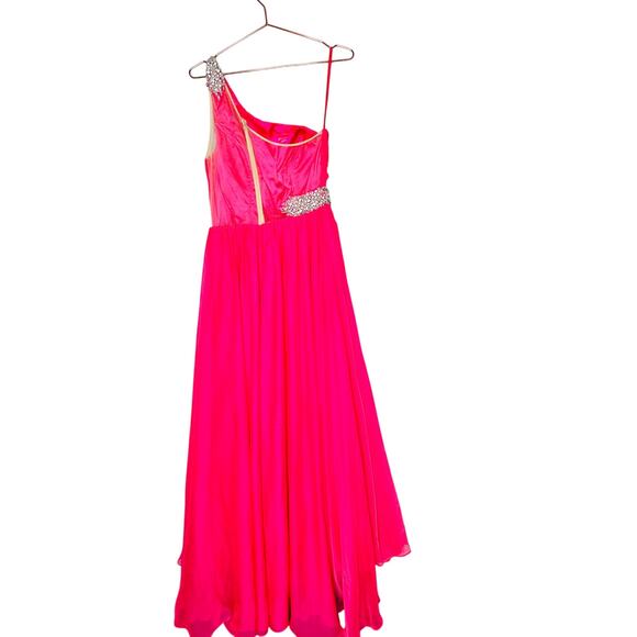ASHLEYLAUREN Hot Pink Pleated Crystal Pearl Beaded One Shoulder Gown Size 8 - Picture 3 of 15